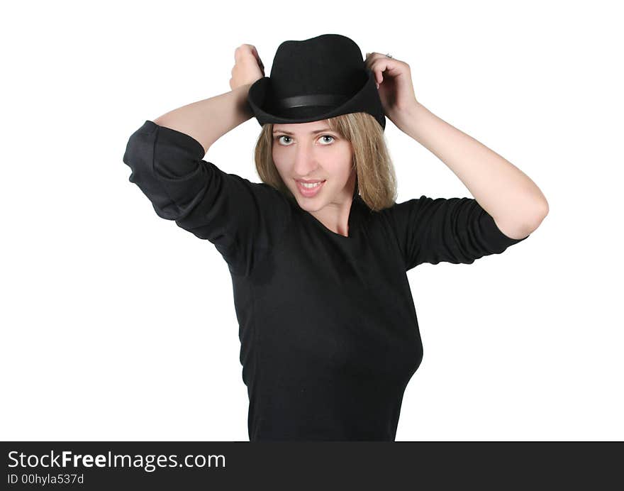 Beauty blonde girl with black hat on white background. Beauty blonde girl with black hat on white background