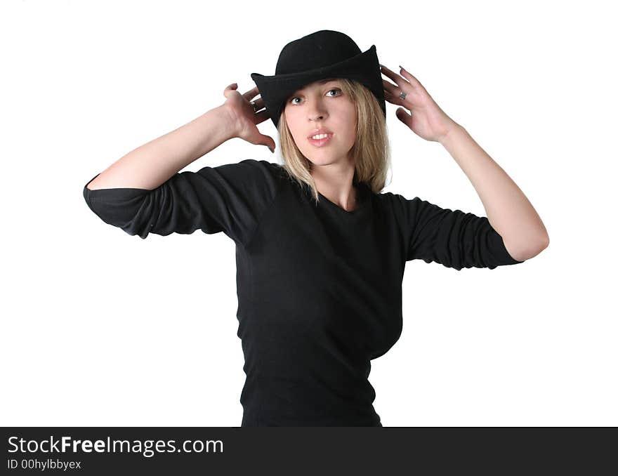 Beauty blonde girl with black hat on white background. Beauty blonde girl with black hat on white background