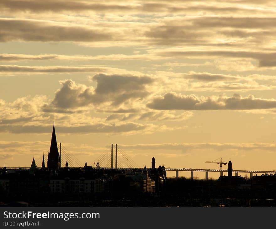 Portrait of magic city sunset in natural yellow colors