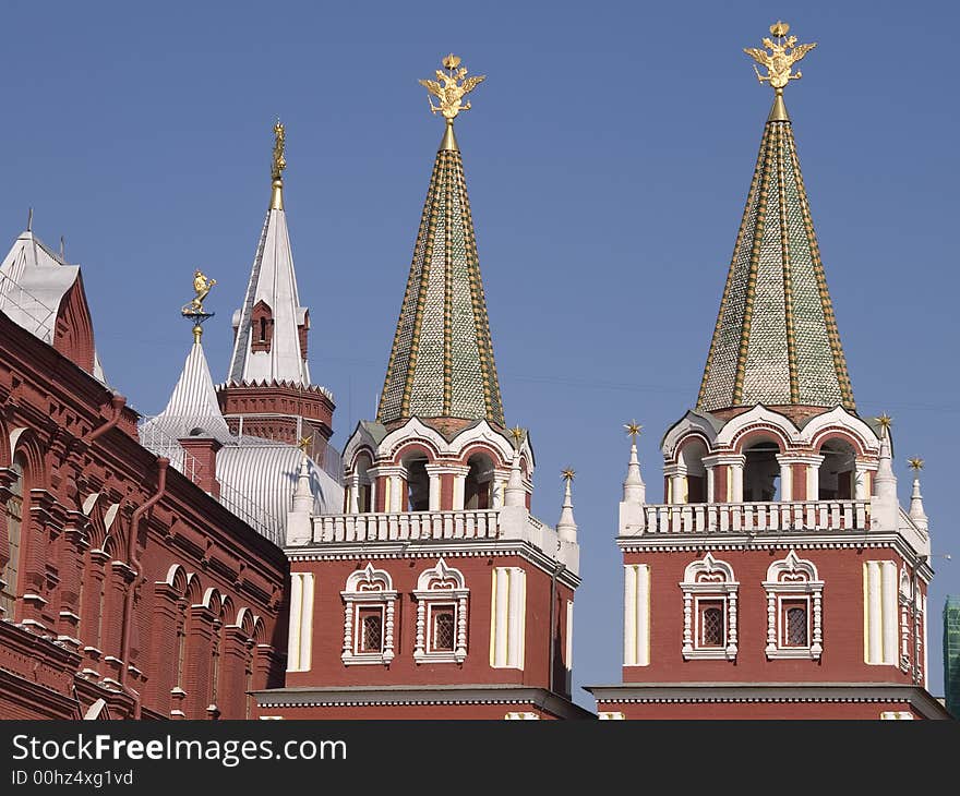 Red towers of the historical museum in Moscow near the Kremlin. Red towers of the historical museum in Moscow near the Kremlin