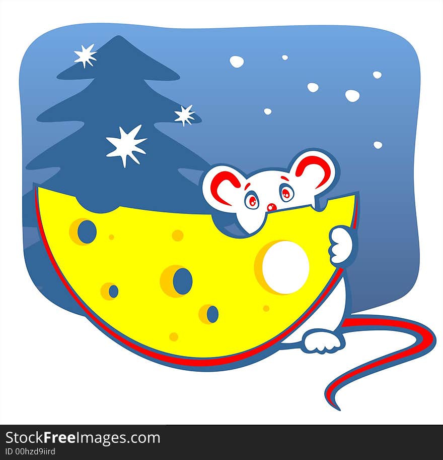 The small mousy looks out because of a piece of cheese on a background of a New Year tree. The small mousy looks out because of a piece of cheese on a background of a New Year tree.