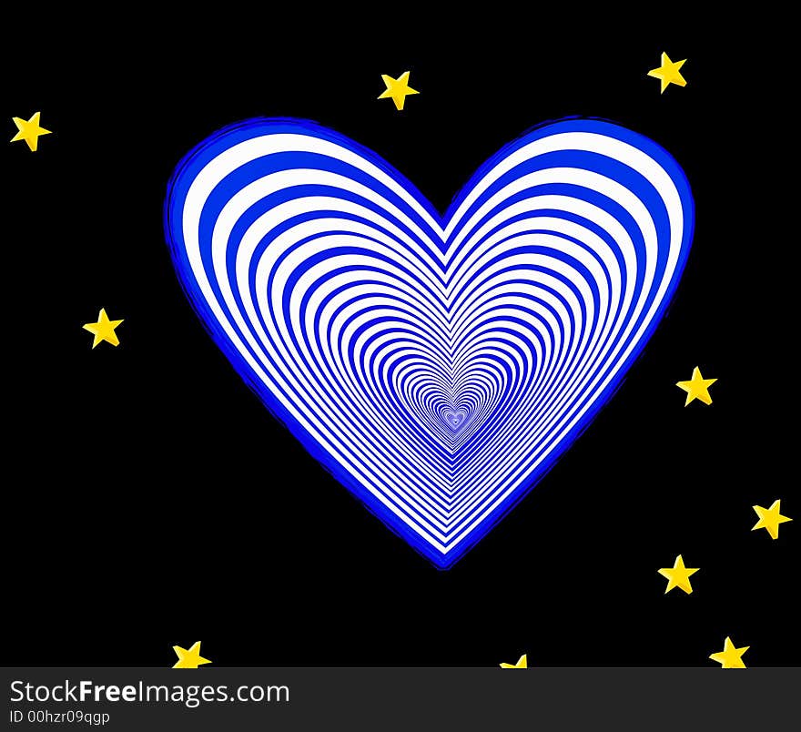 A heart surrounded by stars in a black background. A heart surrounded by stars in a black background