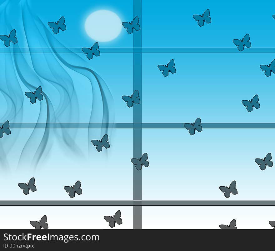 A window covered with a curtain in violet an it is made with beautiful sight of the moon with butterflies. A window covered with a curtain in violet an it is made with beautiful sight of the moon with butterflies