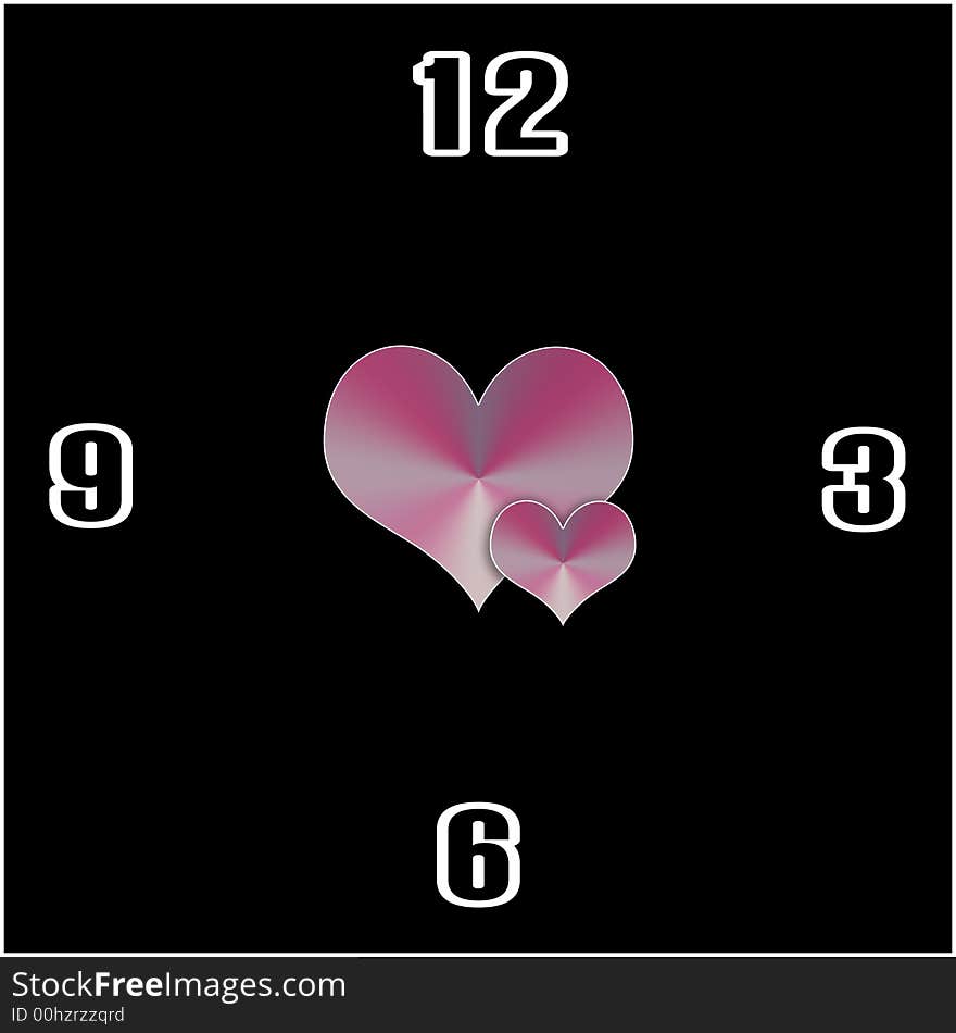 A clock designed in black colour with white stroked numbers and also with hearts in between.