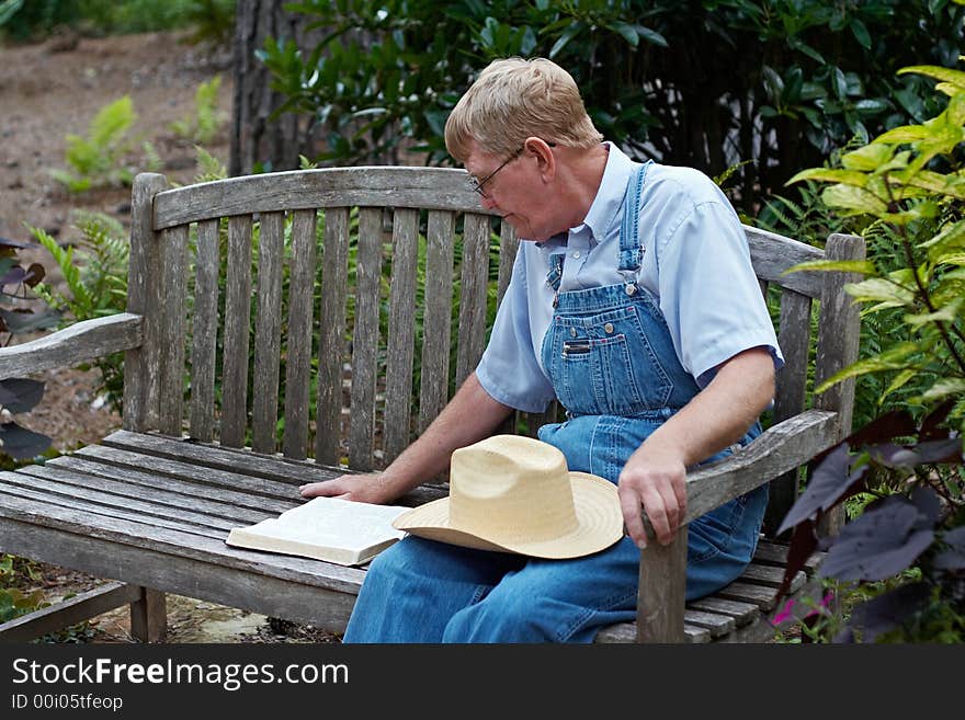 An older man studying the Bible outside on a bench. An older man studying the Bible outside on a bench.