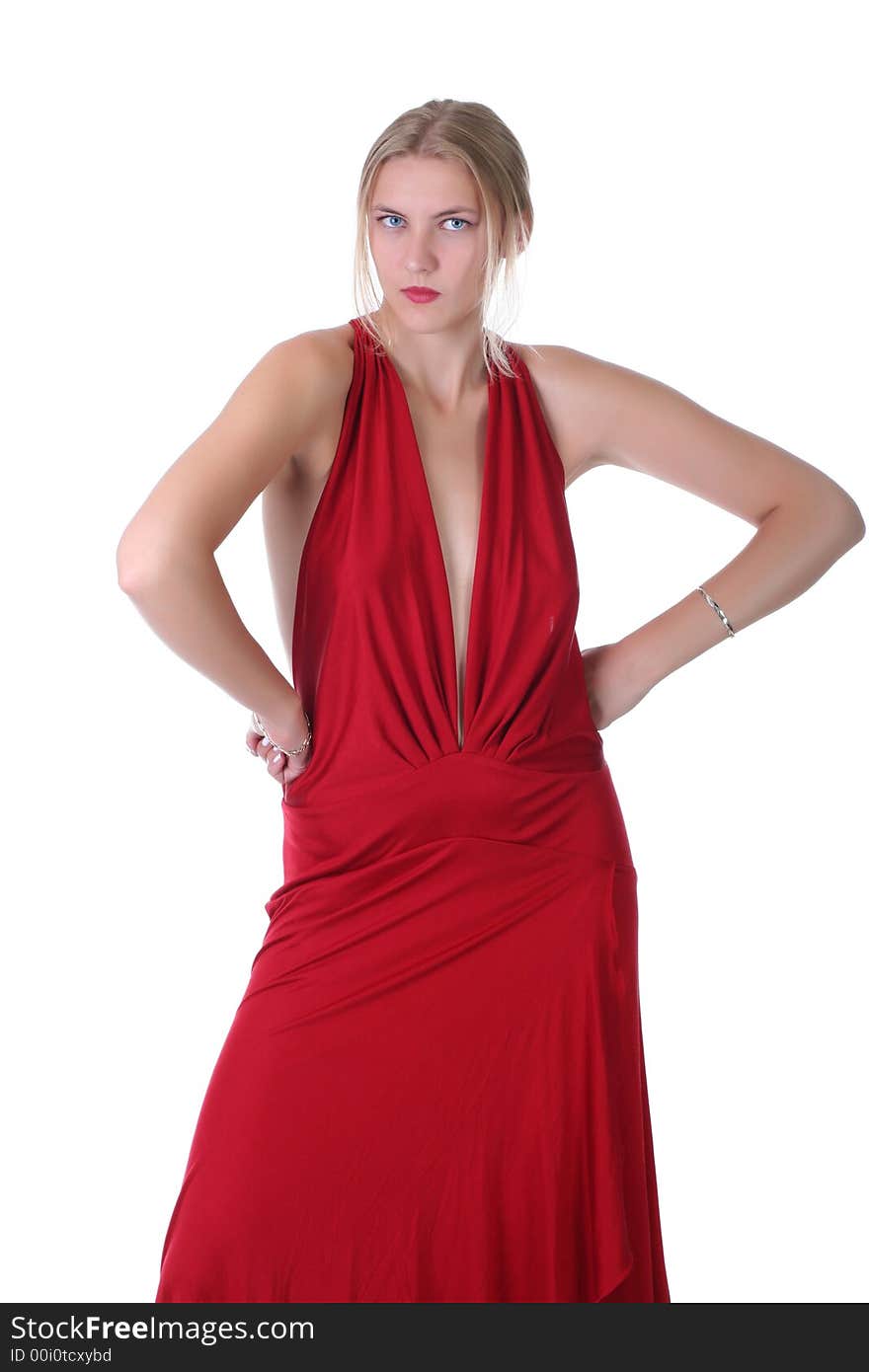 Young woman posing in red dress, isolated on white