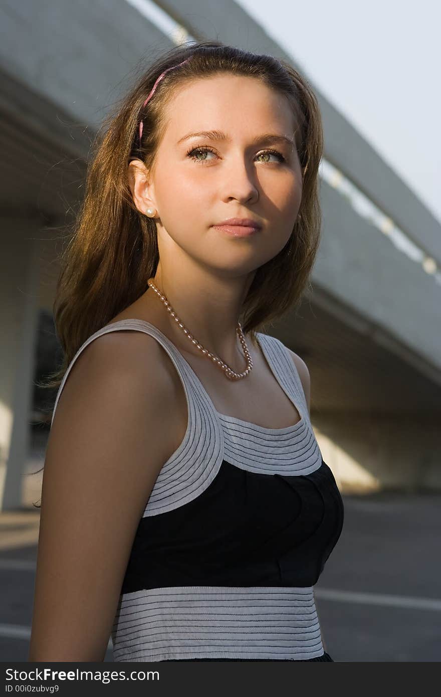 Beauty woman portrait on abstract construction outdoor. Beauty woman portrait on abstract construction outdoor