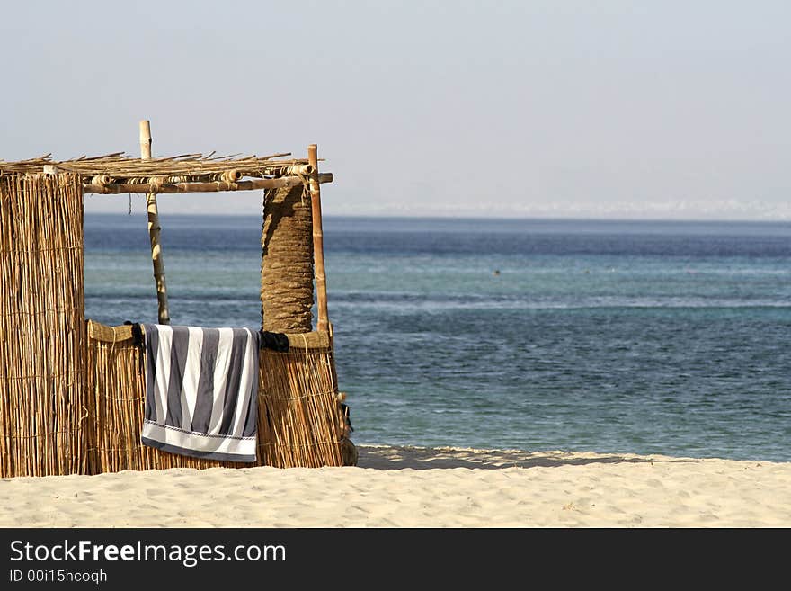 Reed hut on beach, red sea, sinai, egypt