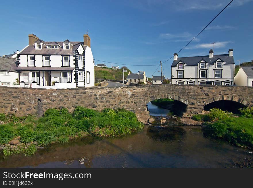 Aberdaron town, white houses and bridge, Wales