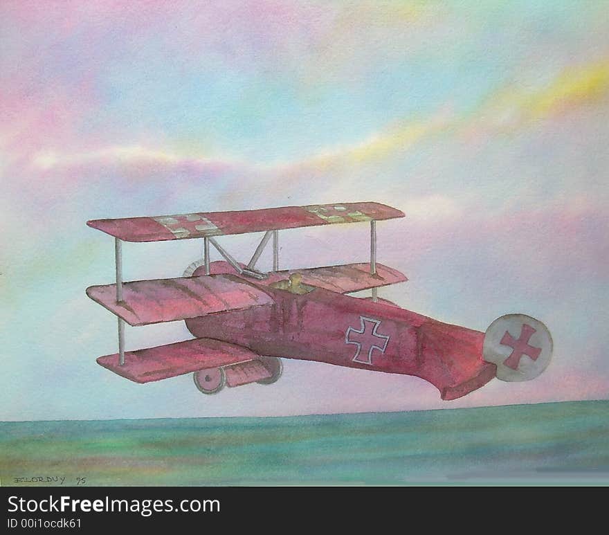 Digitally photographed image of an original watercolor (on 100% cotton & hand made paper), of the famous Red Baron German Airplane (Fokker Tri-Plane), of the First World War; painted, photographed & actually owned by Enrique Cardenas-Elorduy, a seasoned mexican Architect, Watercolorist & Digital Artist, in 1995; measures: 28x43cms. = 11x17 # 95-032 (ready for print, on measures 18x23cms = 7x9, at 300dpi, 5mp, rgb, jpg format). Digitally photographed image of an original watercolor (on 100% cotton & hand made paper), of the famous Red Baron German Airplane (Fokker Tri-Plane), of the First World War; painted, photographed & actually owned by Enrique Cardenas-Elorduy, a seasoned mexican Architect, Watercolorist & Digital Artist, in 1995; measures: 28x43cms. = 11x17 # 95-032 (ready for print, on measures 18x23cms = 7x9, at 300dpi, 5mp, rgb, jpg format).