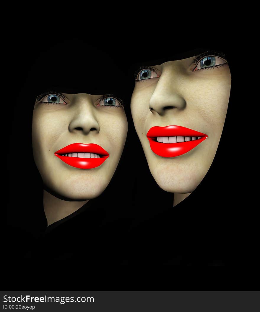 An image of a close up of two ladys heads both with red make up on their lips. An image of a close up of two ladys heads both with red make up on their lips.