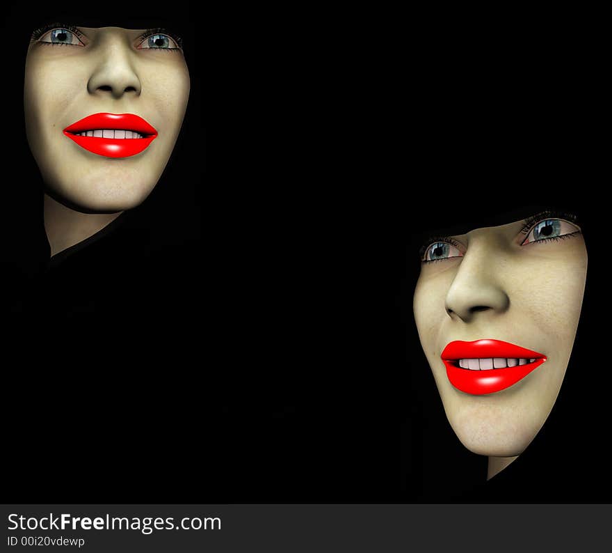 An image of a close up of two ladys heads both with red make up on their lips. An image of a close up of two ladys heads both with red make up on their lips.