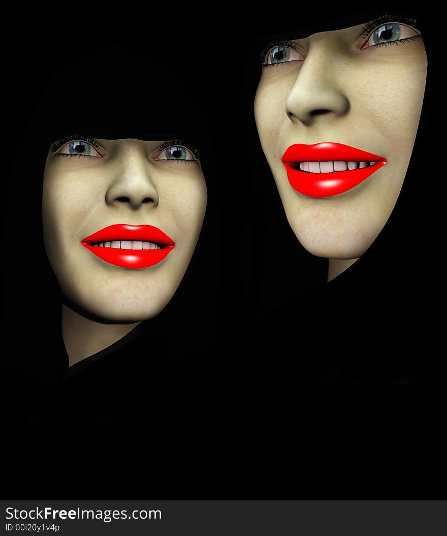 An image of a close up of two ladys heads both with red make up on their lips. An image of a close up of two ladys heads both with red make up on their lips.