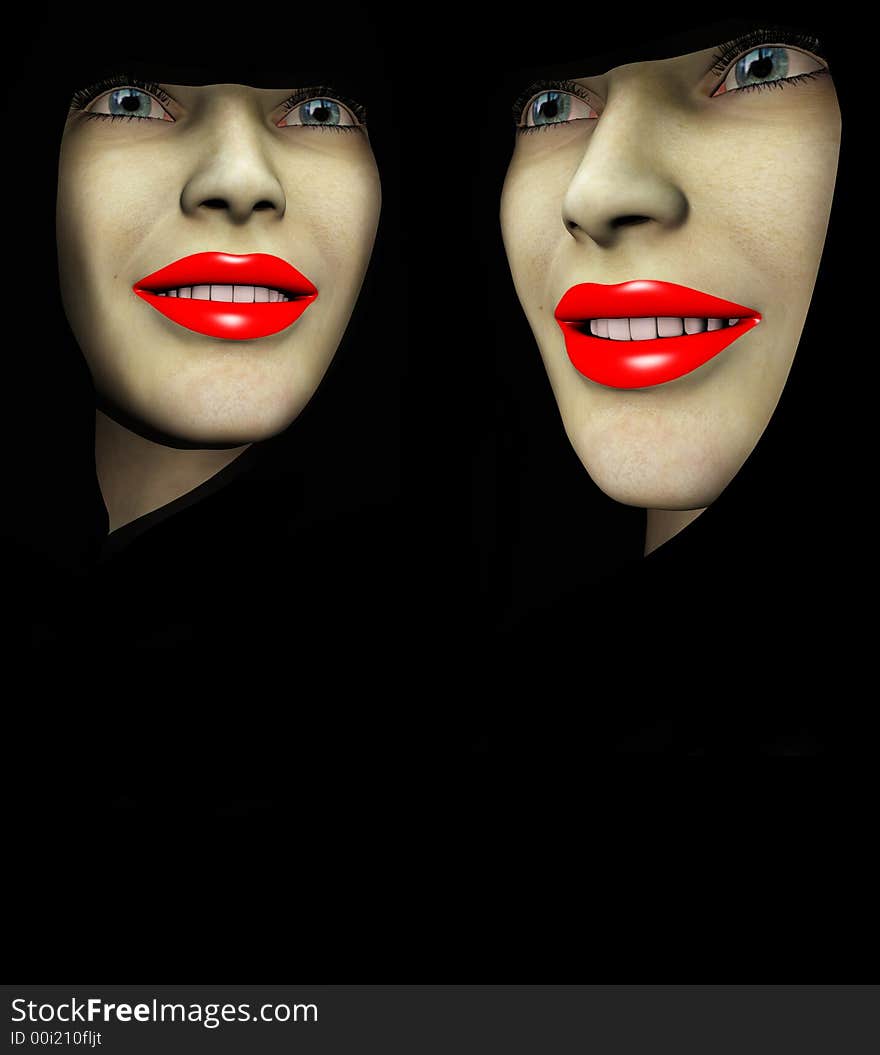 An image of a close up of two ladys heads both with red make up on their lips. An image of a close up of two ladys heads both with red make up on their lips.