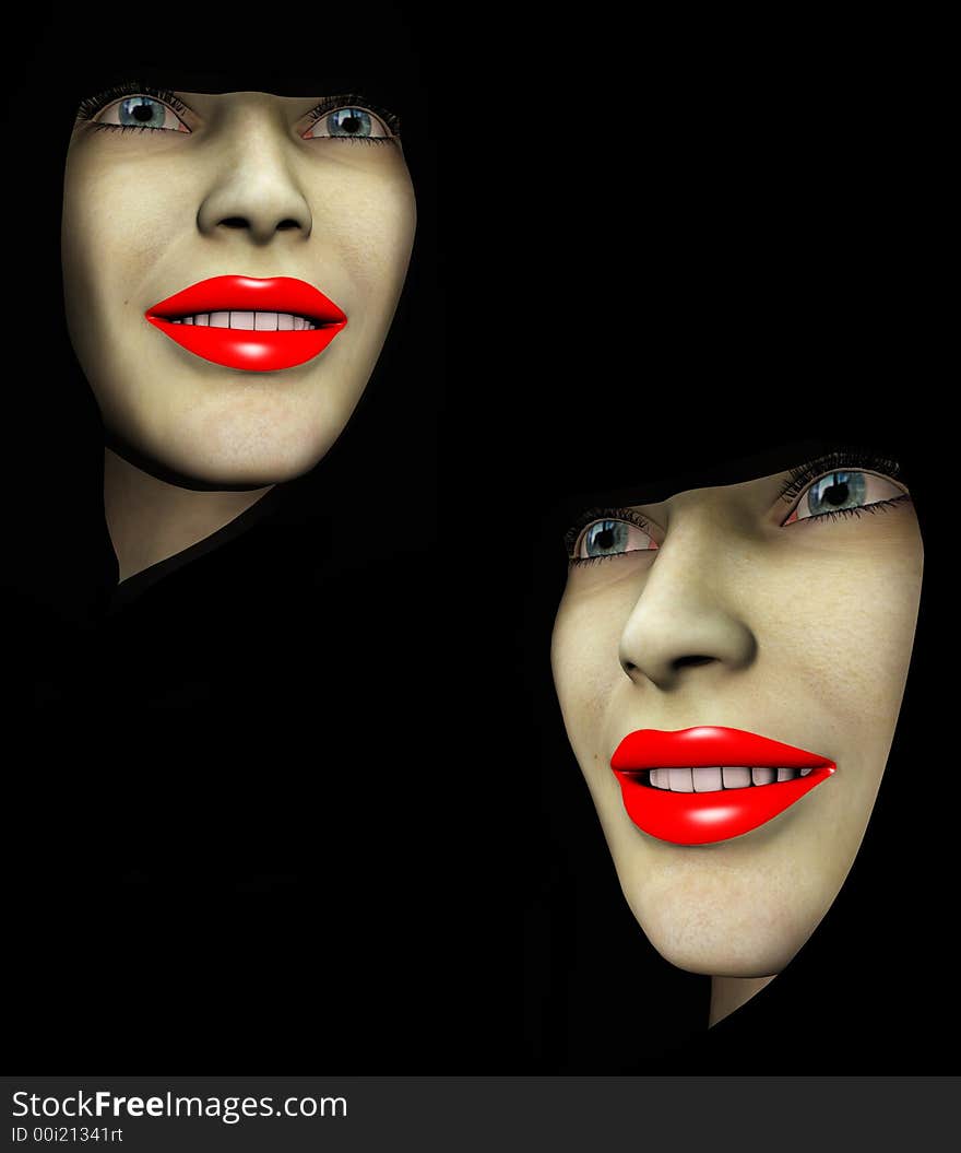 An image of a close up of two ladys heads both with red make up on their lips. An image of a close up of two ladys heads both with red make up on their lips.