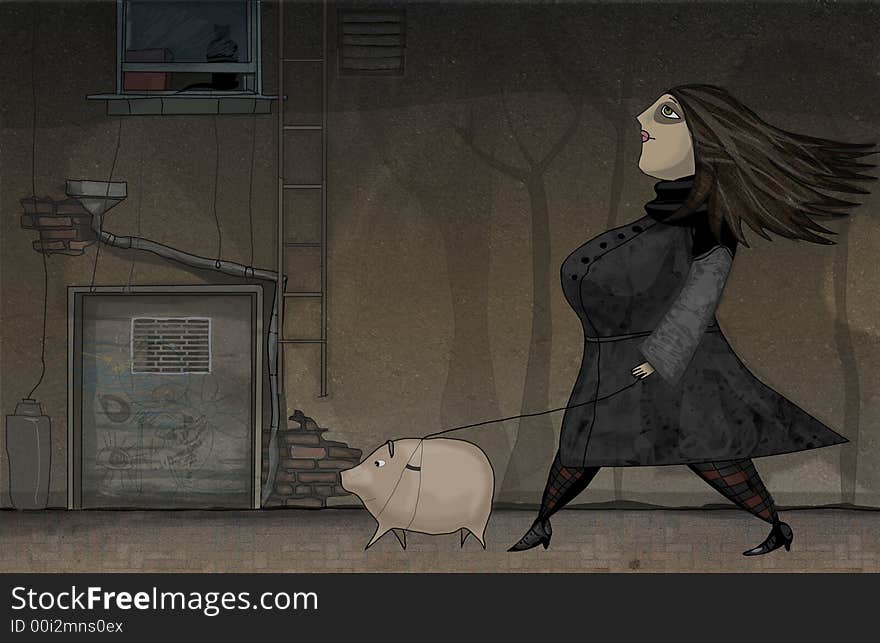 Girl walking with her pig. Girl walking with her pig