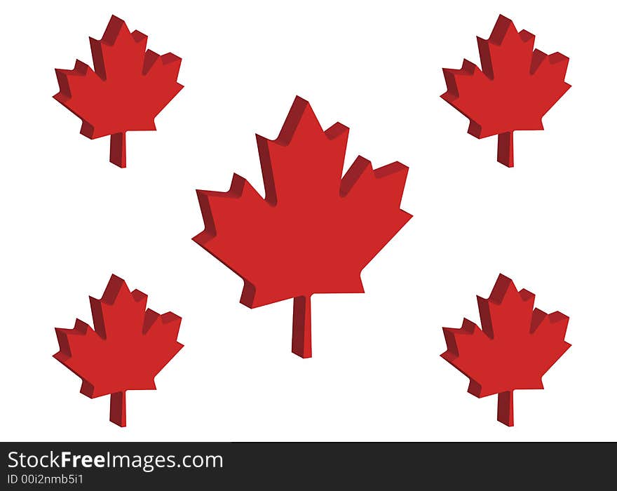 Three dimensional perspective of five Canadian maple leaves