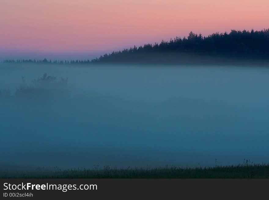 Foggy evening and sunset