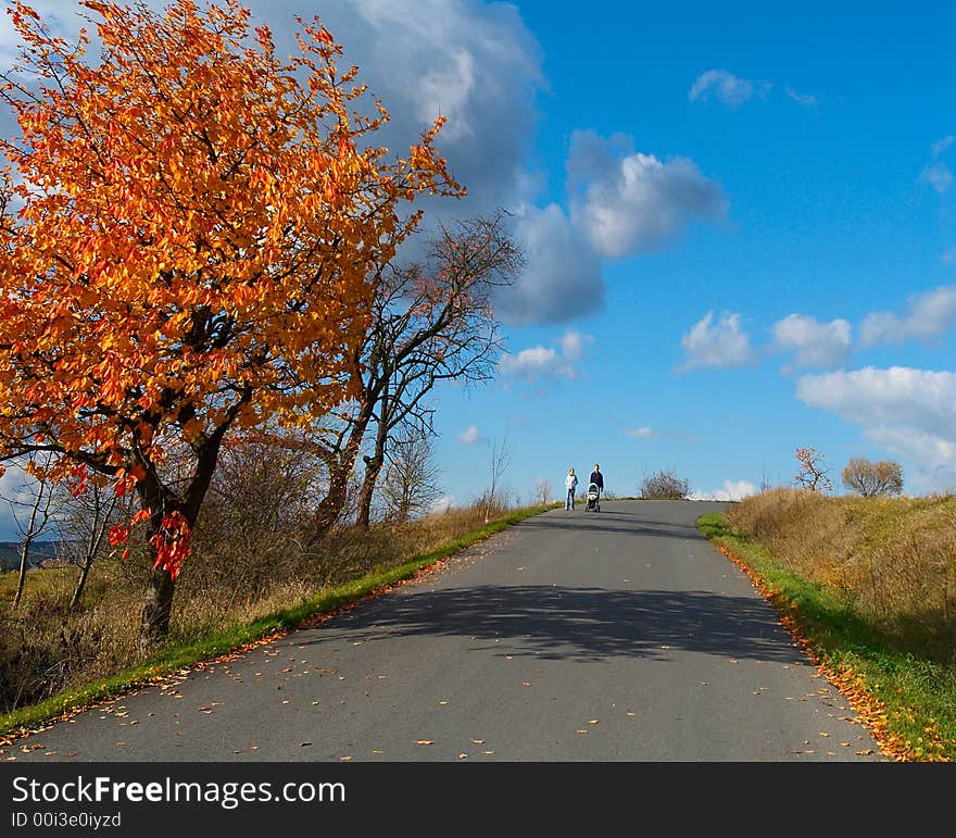 Walking family on the beautiful autumn day.