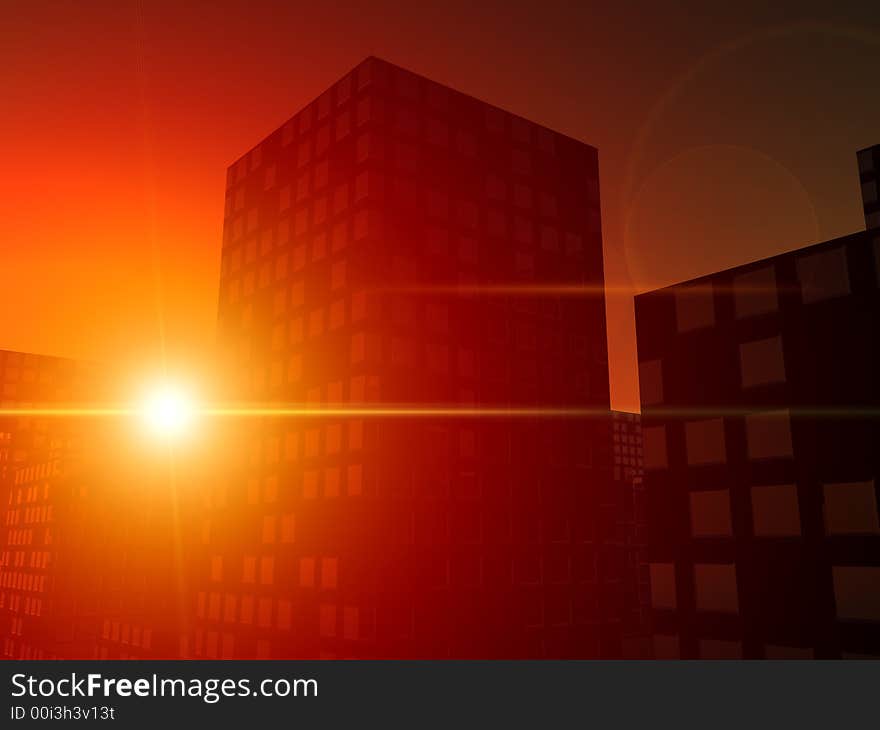 An image of the sun over a city. An image of the sun over a city.