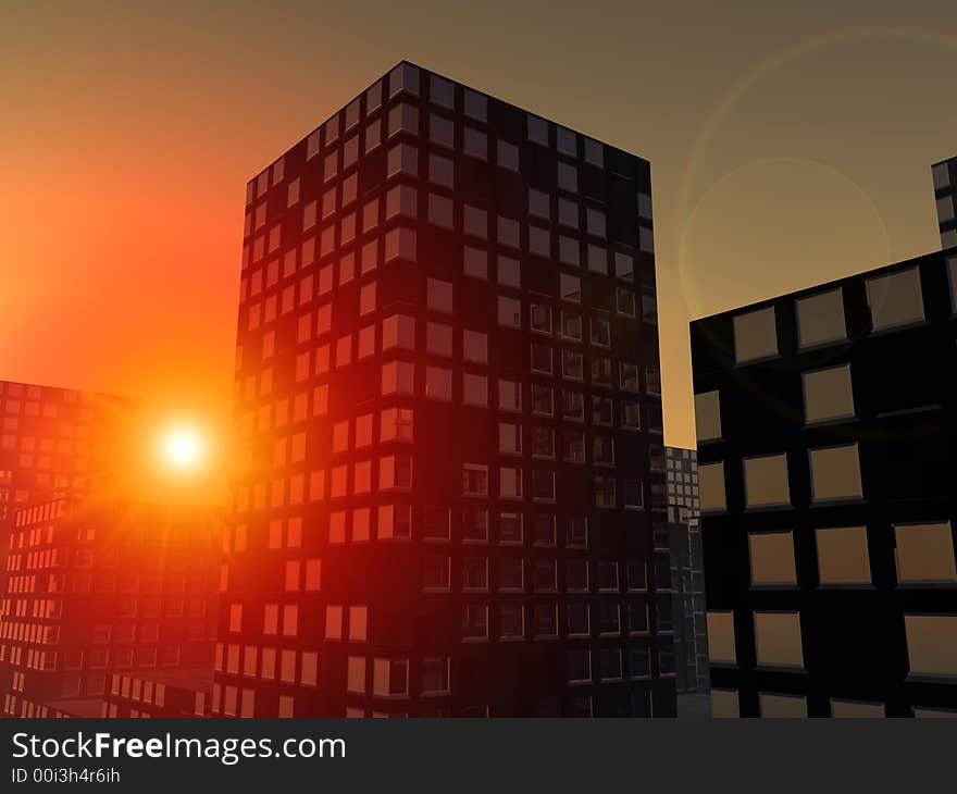 An image of the sun over a city. An image of the sun over a city.