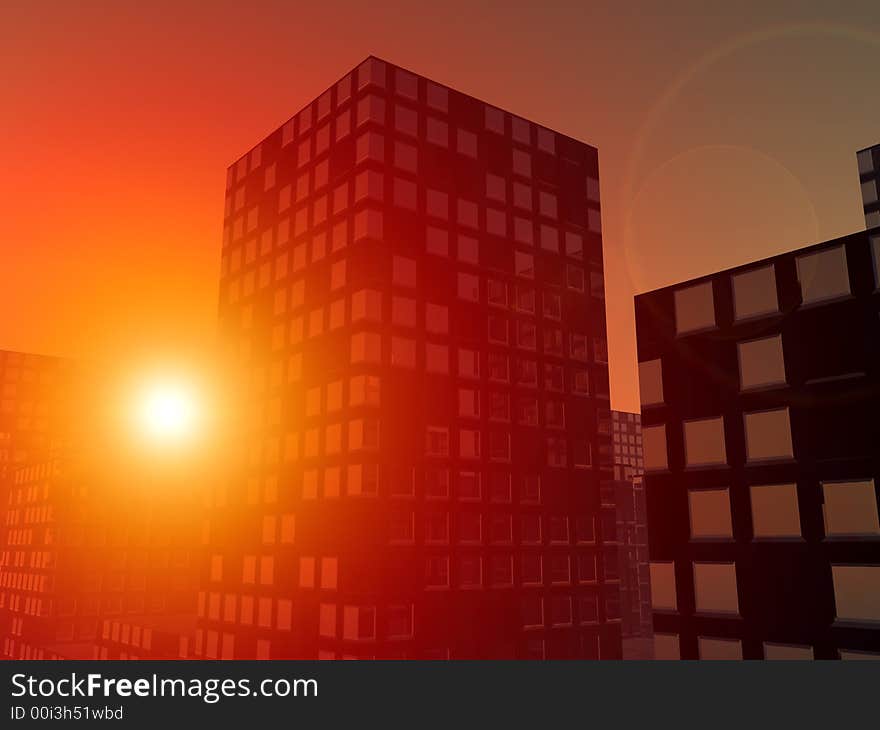 An image of the sun over a city. An image of the sun over a city.