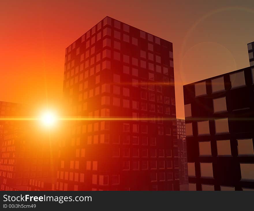 An image of the sun over a city. An image of the sun over a city.