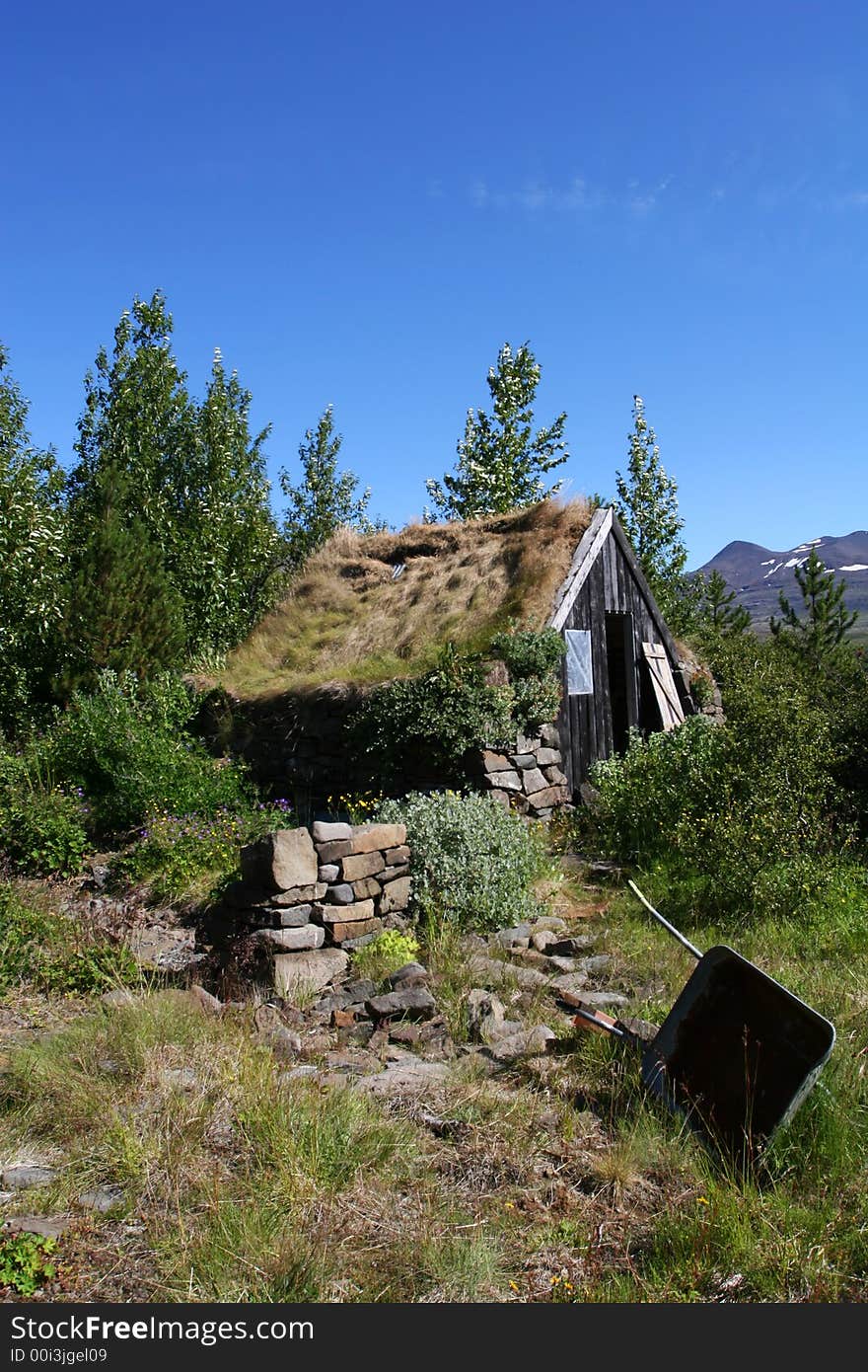 A mountain cabin in disrepair surrounded by growth and trees, mountaintops in the distance. A mountain cabin in disrepair surrounded by growth and trees, mountaintops in the distance