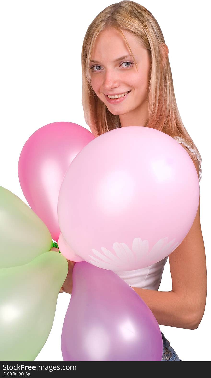 The girl with balloons on a white background