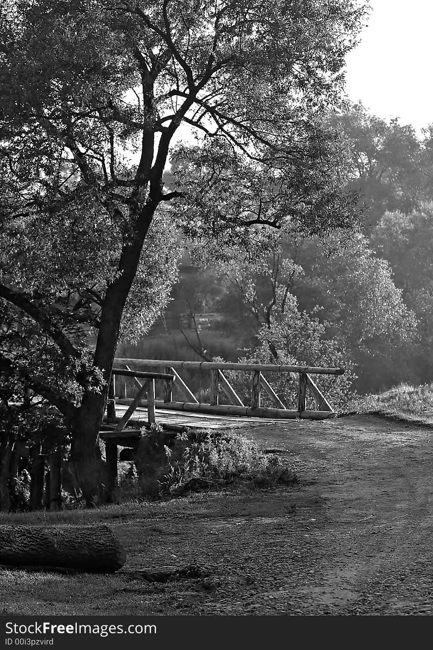 The wood bridge through the river. The wood bridge through the river