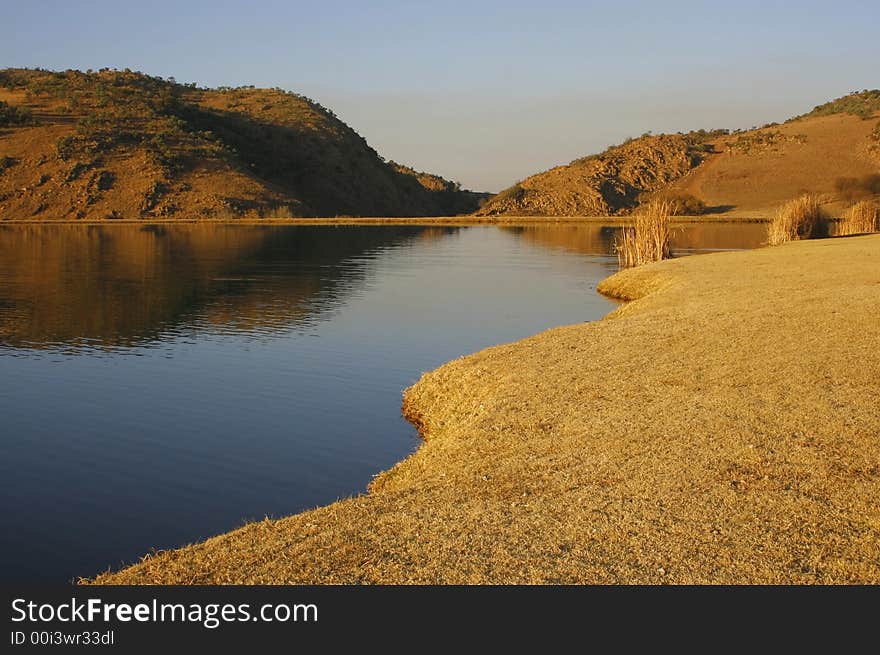 Dry grass next to wet lake