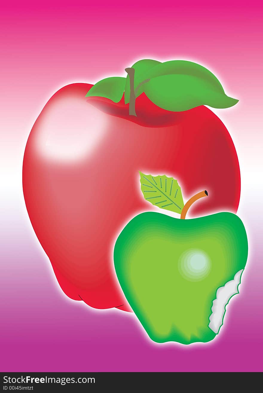 Red apple on the red shiny background, with green apple. Red apple on the red shiny background, with green apple