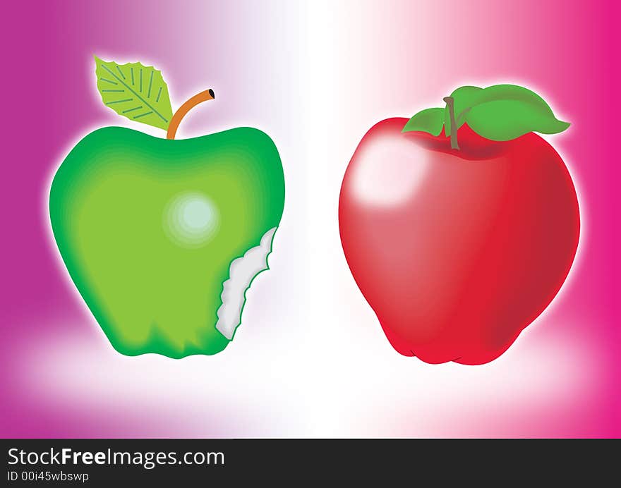 Red apple on the red shiny background, with green apple. Red apple on the red shiny background, with green apple
