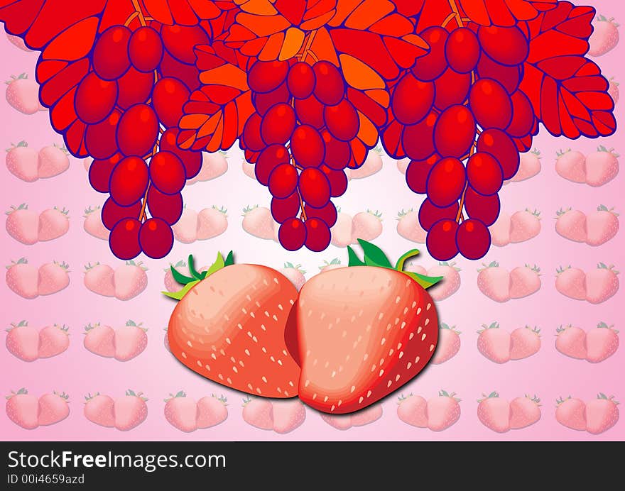 Bright red fresh strawberries, Grapes on pink ground. Bright red fresh strawberries, Grapes on pink ground