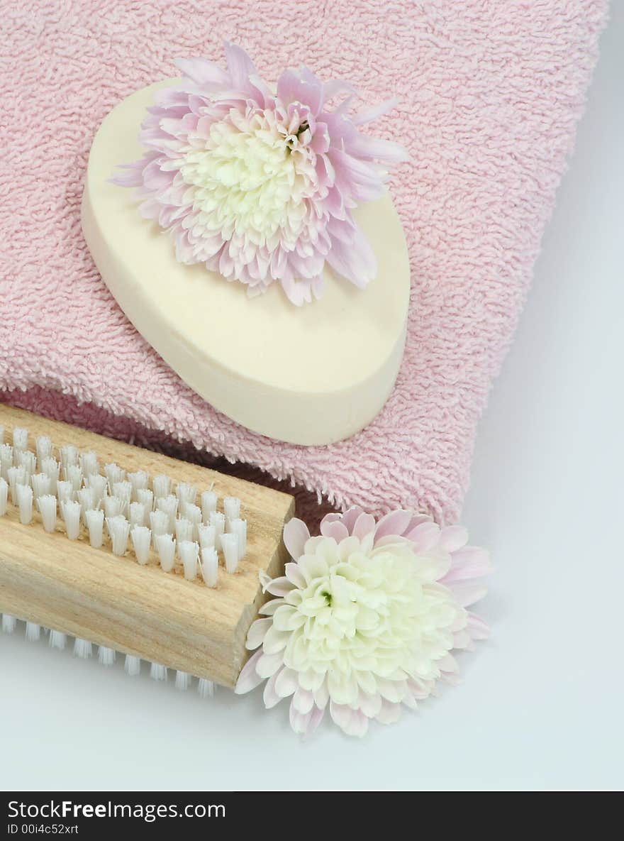 Macro shot of toiletries and flowers