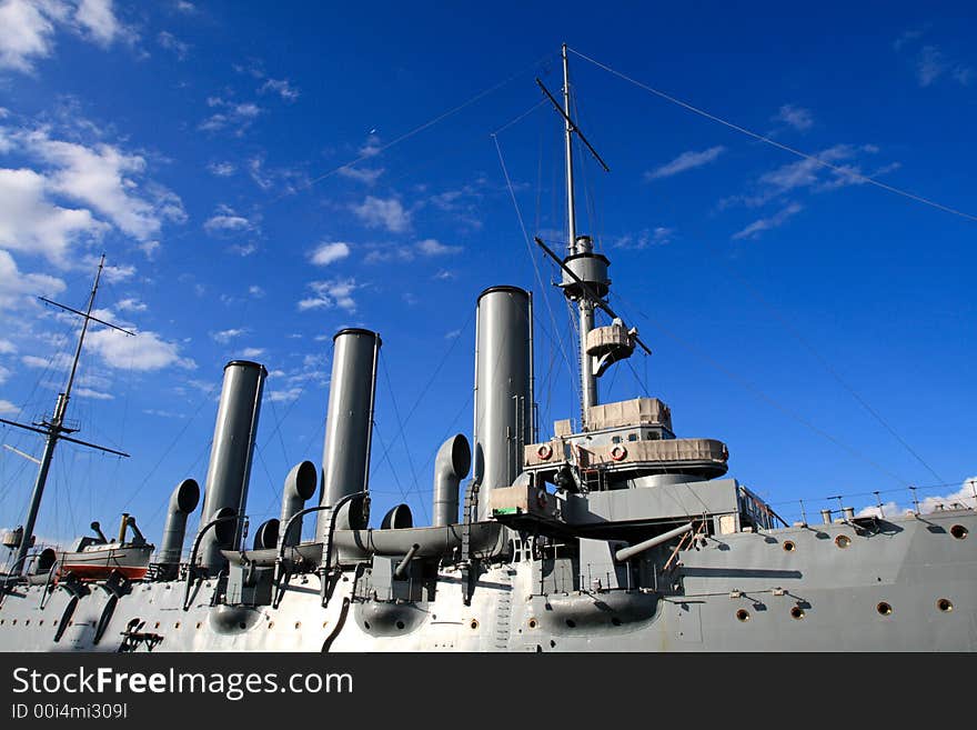 Armoured cruiser Avrora in St. Petersburg on the sky background