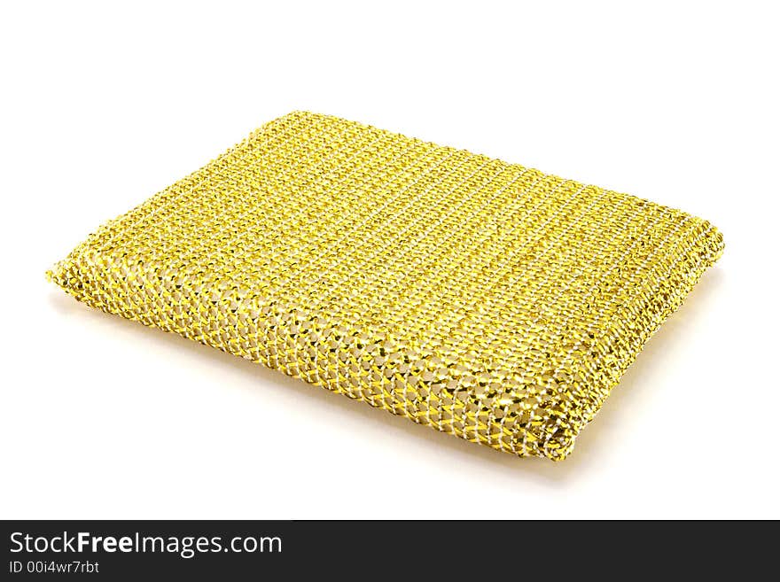 A steel scourer sponge on a white background.