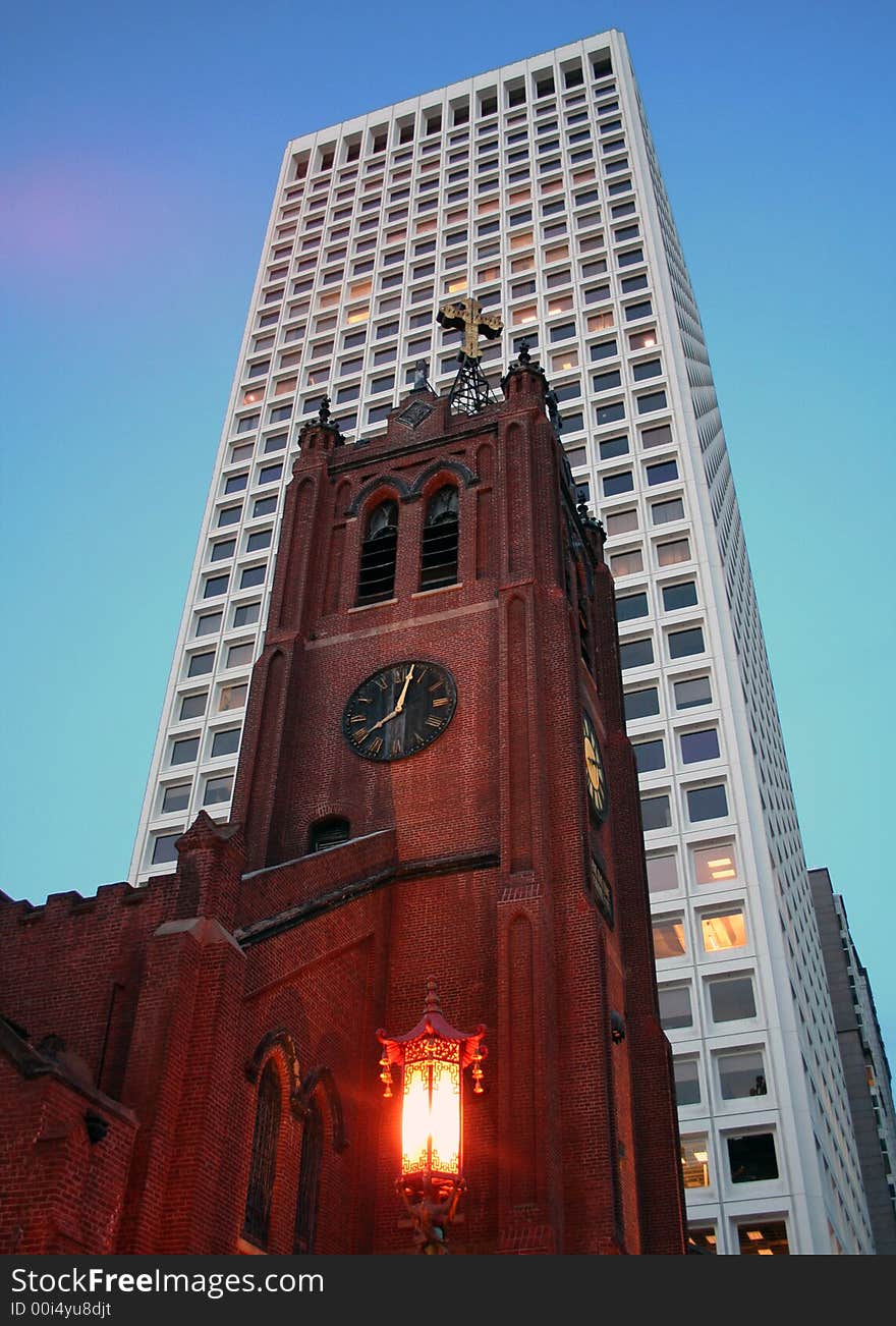 Church and skyscraper in San Francisco, California