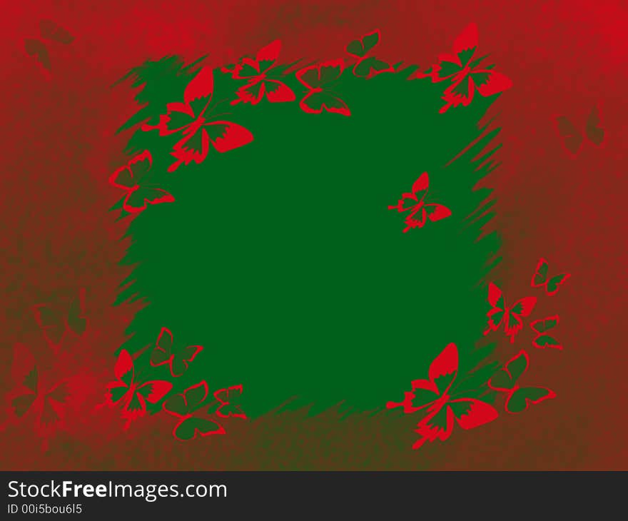 Green and red grunge border with butterflies, design element