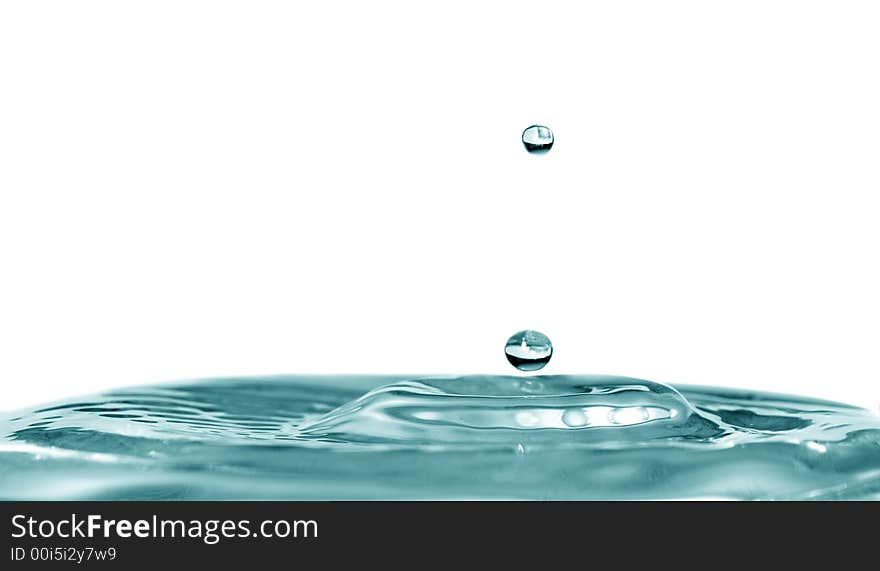 Isolated blue drops are falling down and impact with liquid surface. Isolated blue drops are falling down and impact with liquid surface