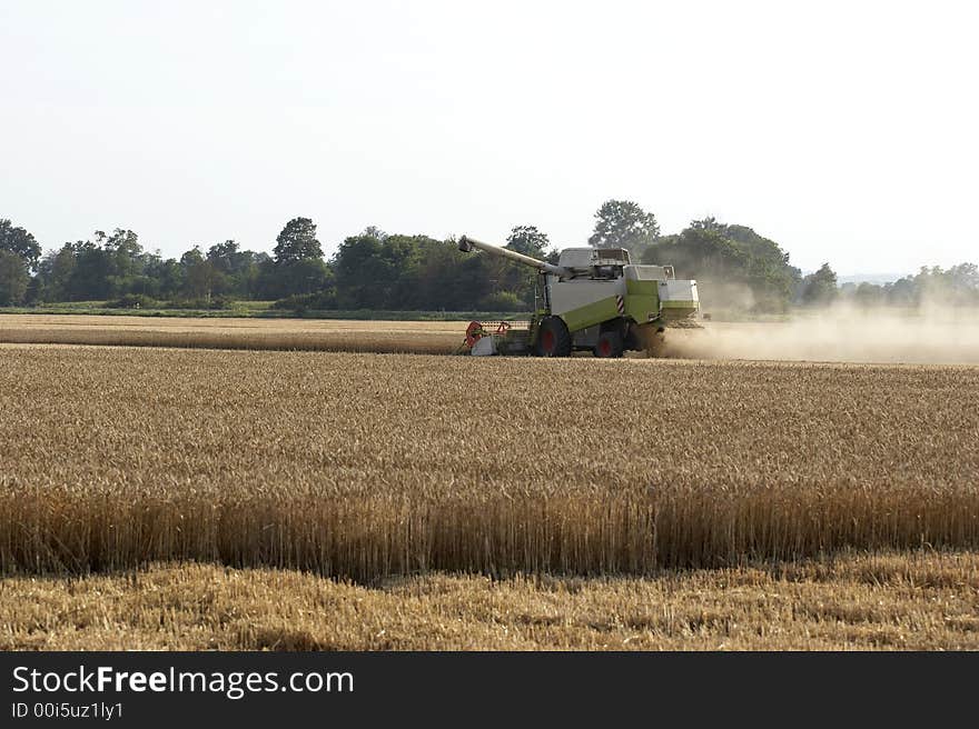 Combine working on wheat field