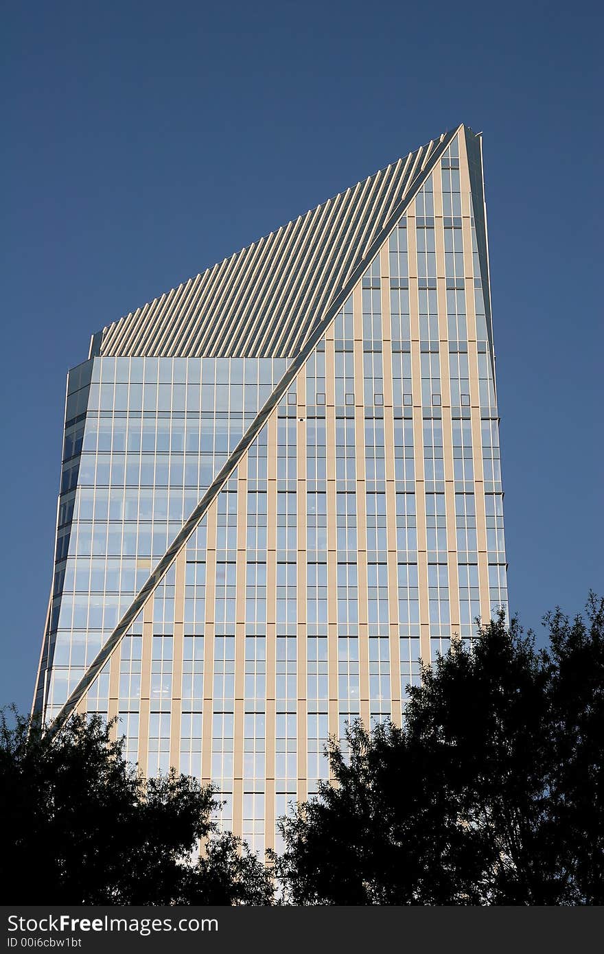 A modern glass office building rising into the sky