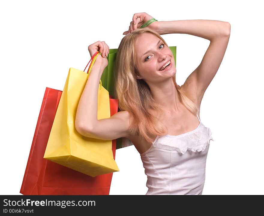 The shopping woman is dared. Isolated over white background