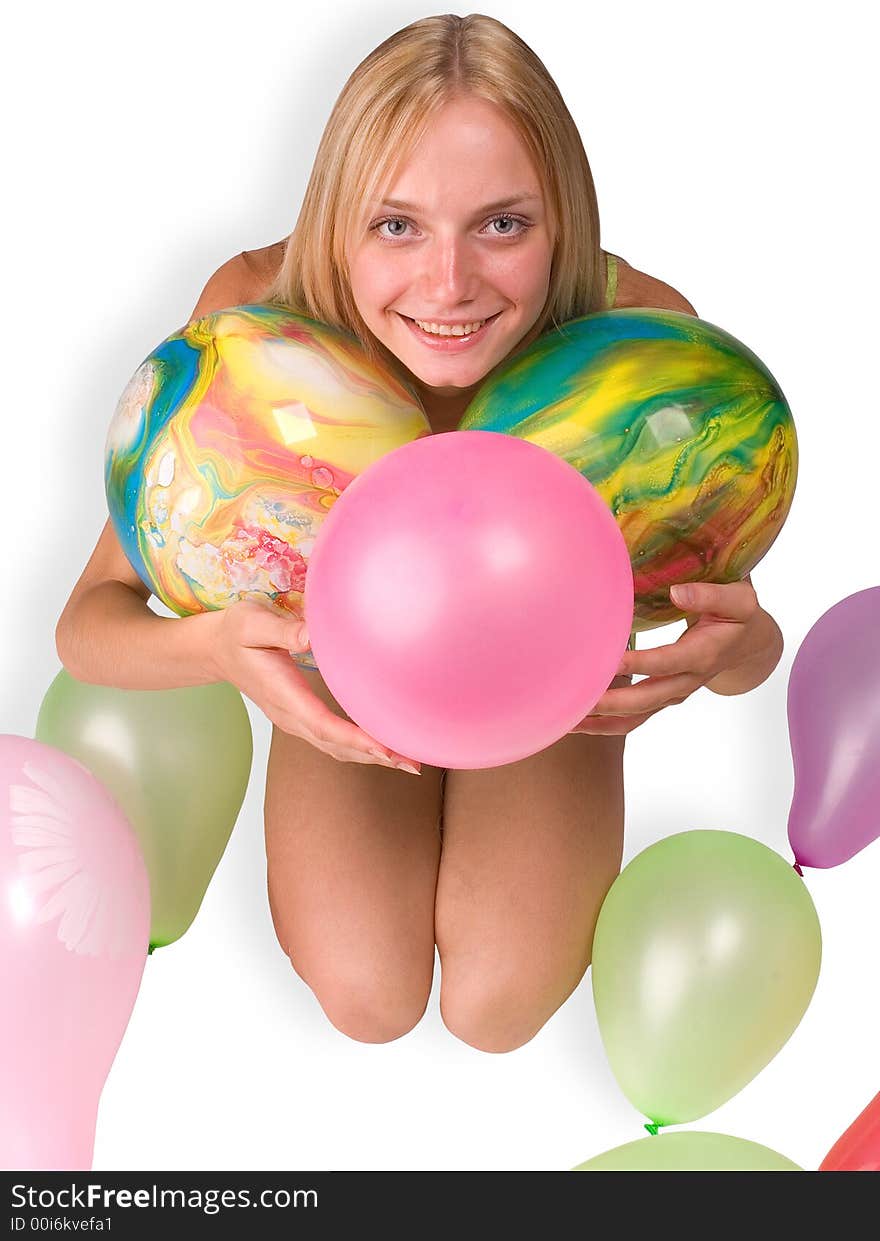 The girl with balloons on a white background