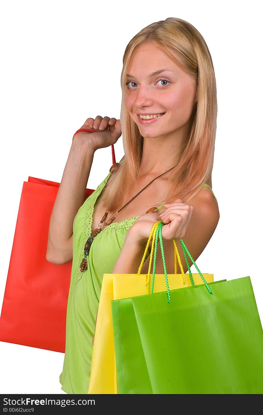 The shopping woman is dared. Isolated over white background