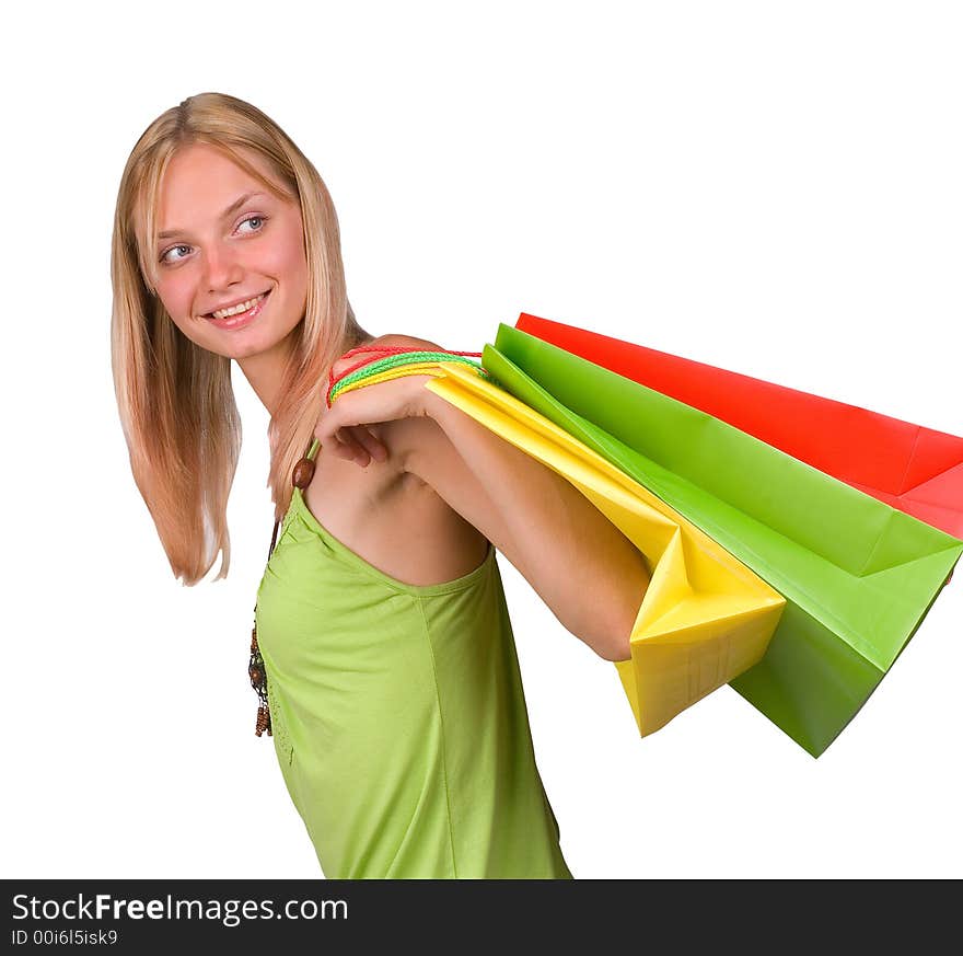 The shopping woman is dared. Isolated over white background