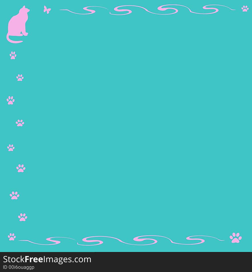 Pink cat and vines frame aqua background. Pink cat and vines frame aqua background