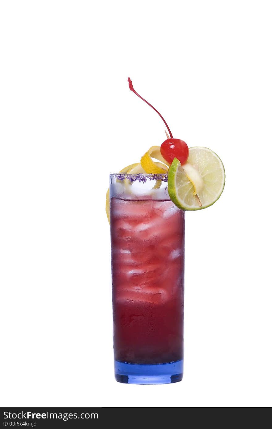 Colorful alcoholic cocktail in a tall glass against white background. Colorful alcoholic cocktail in a tall glass against white background