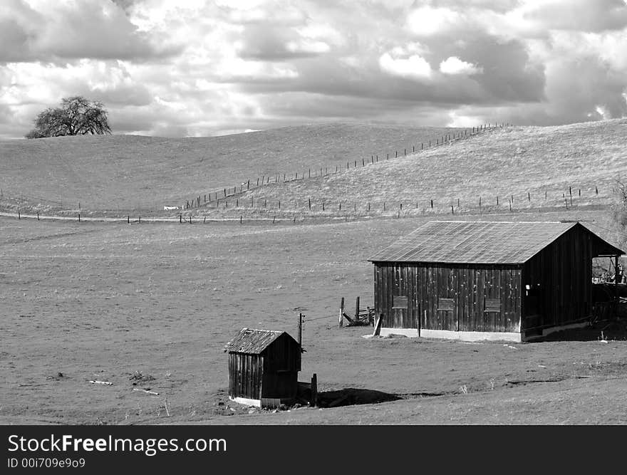 A B&W view of a lone barn and shed on a California hillside. A B&W view of a lone barn and shed on a California hillside