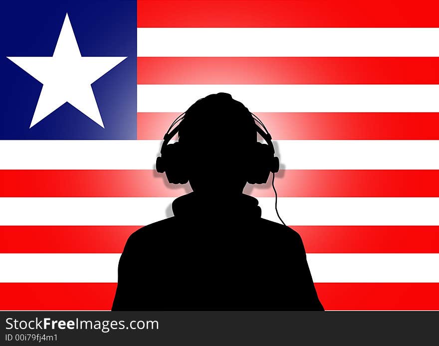 Illustration of a person wearing headphones in-front of the flag of Liberia. Illustration of a person wearing headphones in-front of the flag of Liberia